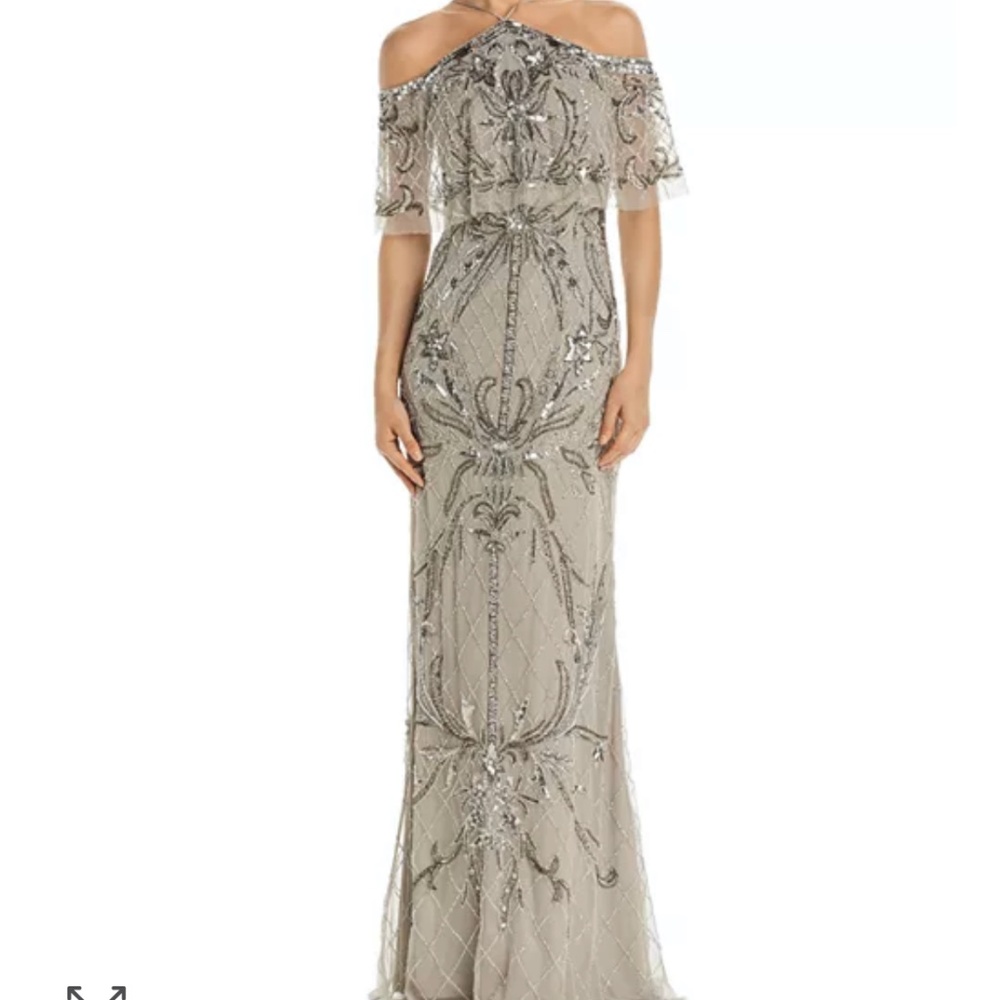 Aidan Mattox Cold-Shoulder Silver Beaded Evening Gown Size 8 NWT Never Been Worn